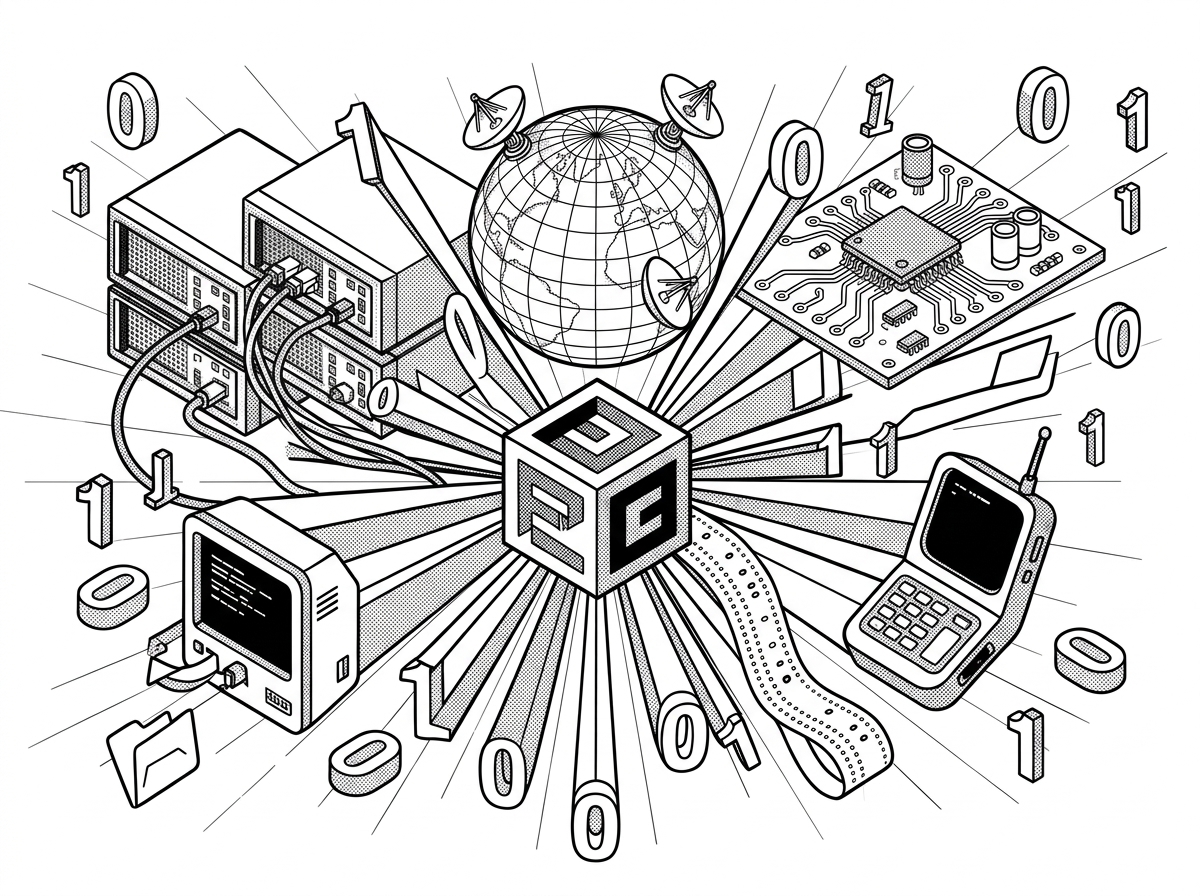 Explosive 30-degree isometric monochrome collage of mainframe servers, orbital globe, silicon microchip PCB, vintage CRT terminal, punch-card tape, handheld communicator, and floating 3D 0 and 1 binary numerals